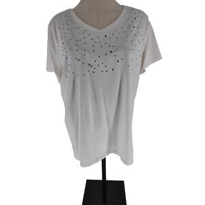 Silver Wear Woman's White Rhinestones Basic Short Sleeve Pullover Top Size XL